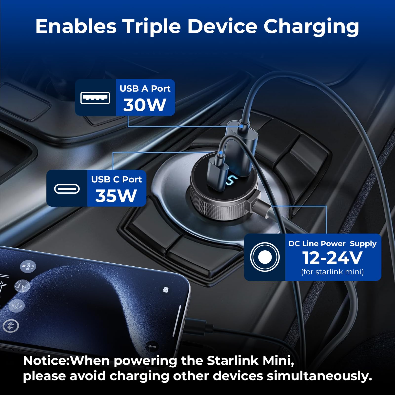 3 in 1 Starlink Mini Cable Car Charger DC Power Cable