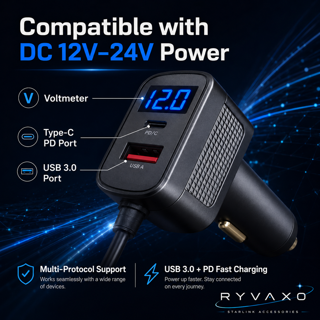 Ryvaxo Starlink Mini car charger adapter for RV and camping setup, product detail image 4