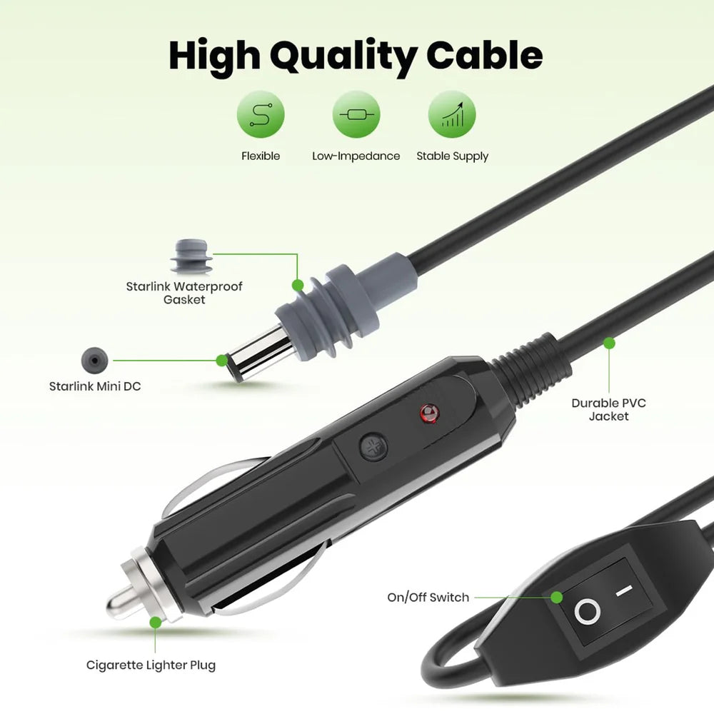 Car Charger to DC Cable with Switch for Starlink Mini (10ft/3M)