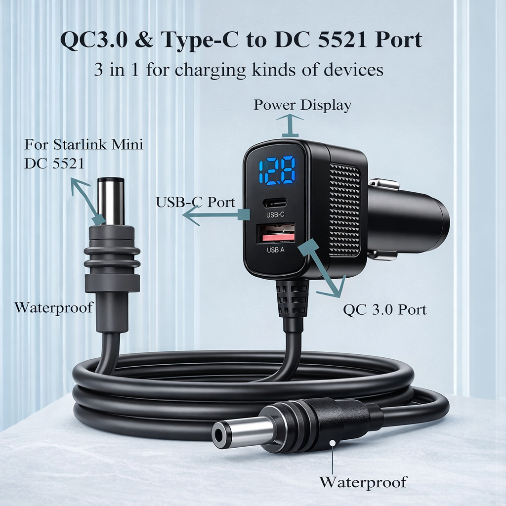 Starlink Mini Digital Display Waterproof Car Charger Cable 3-in-1 (12–24V, 5A)