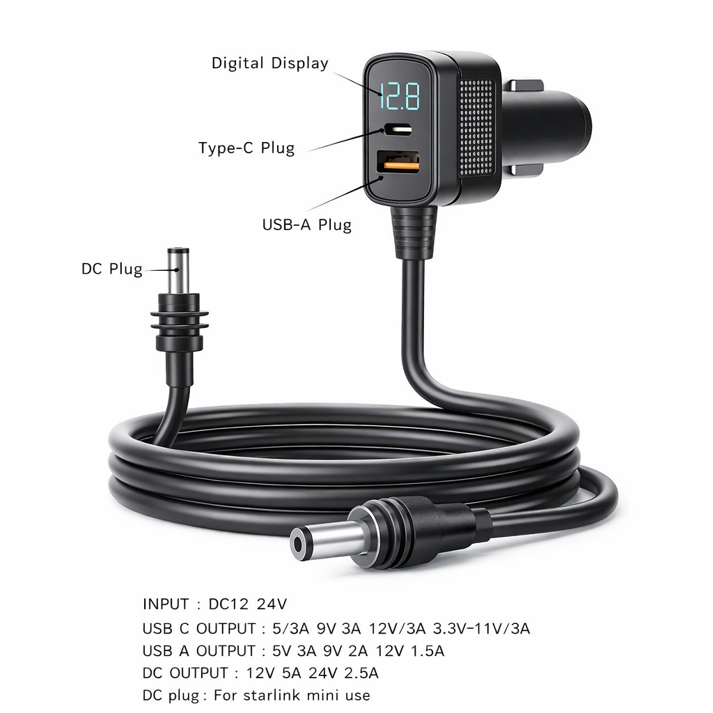 Starlink Mini Digital Display Waterproof Car Charger Cable 3-in-1 (12–24V, 5A)
