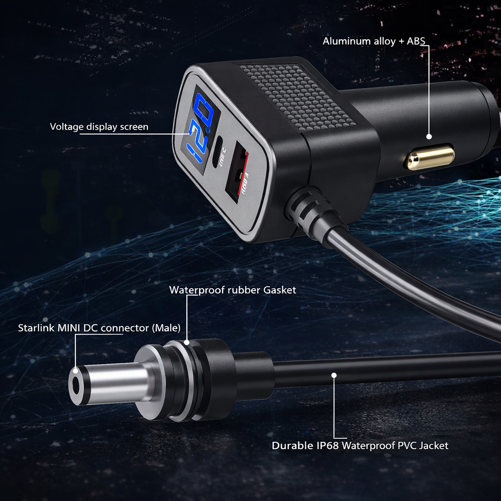 Starlink Mini Digital Display Waterproof Car Charger Cable 3-in-1 (12–24V, 5A)